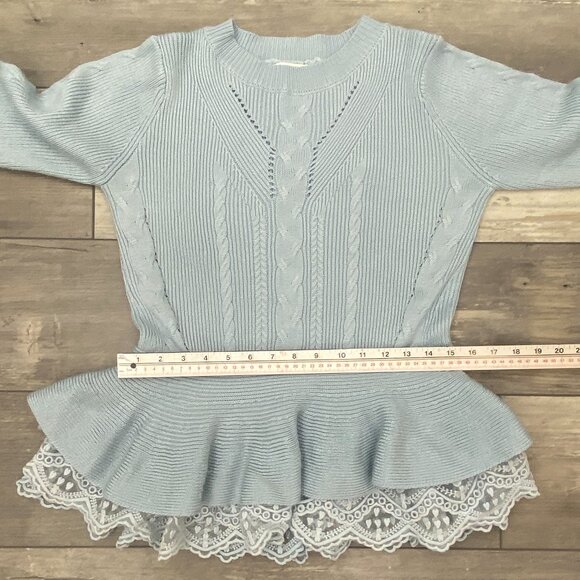 Endless Rose Pale Blue Sweater Sz M with peplum and lace - Picture 11 of 12
